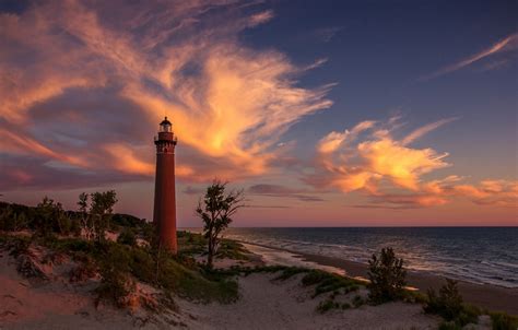 Wallpaper sand, beach, clouds, sunset, lighthouse, lake Michigan images for desktop, section ...