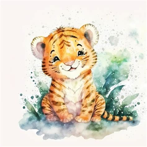 Premium Photo | Cute baby tiger illustration on watercolor painting