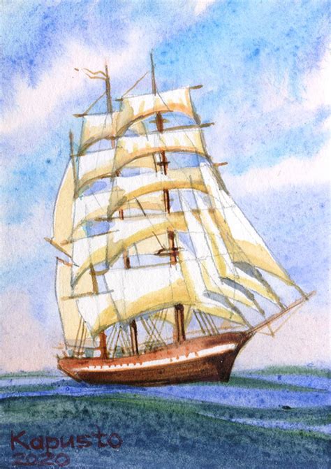 Sailing ship watercolor painting original aceo tiny artwork | Etsy