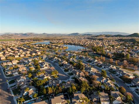 Aerial View of Menifee Lake and Neighborhood, Residential Subdivision Vila during Sunset. Stock ...