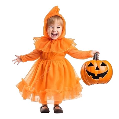 Halloween, Cute Little Girl In Pumpkin Costume Having Fun, Celebrating Halloween Outdoor ...
