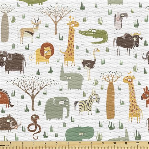 Cartoon Animal Fabric by the Yard, Grunge Savannah Fauna Theme Safari Funny Wildlife Pattern ...