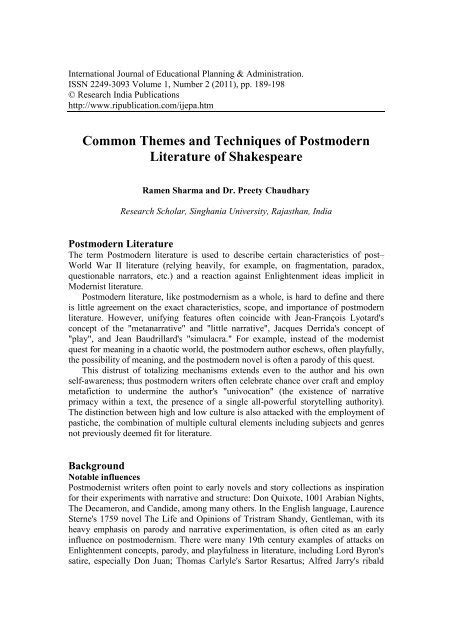 Common Themes and Techniques of Postmodern Literature of ...