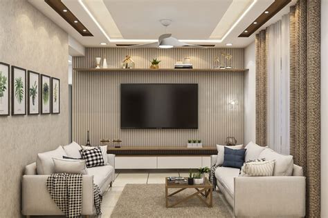 Modern Living Room Design With White Sofa And Beige-Toned TV Wall Panel ...