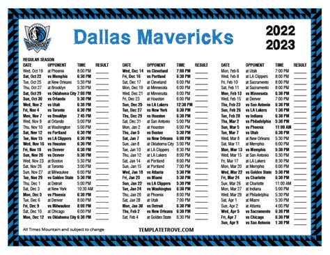 Dallas Mavericks Printable Schedule