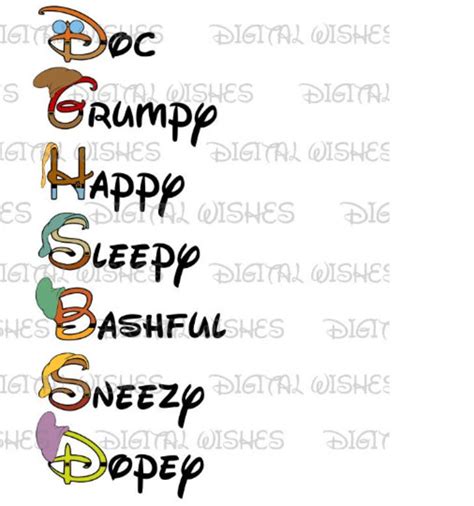 7 Seven Dwarfs Dwarves Names in Custom Font Image Png Digital - Etsy