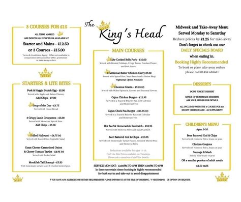 Menu at Kings Head Allendale pub & bar, Allendale Town