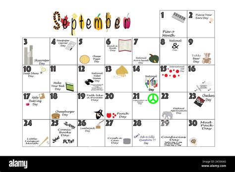 September 2023 calendar illustrated with daily Quirky Holidays and Unusual Celebrations Stock ...