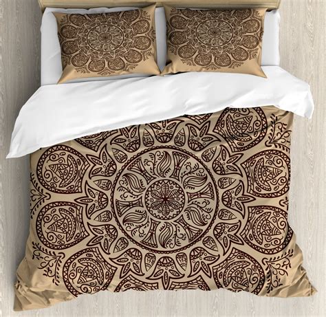 Brown Mandala Duvet Cover Set Queen Size, Abstract Round Mandala Designed with Flower Leaves and ...