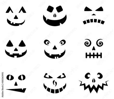 Halloween carved faces silhouettes collection. Jack o lantern scary emotions cartoon vector set ...