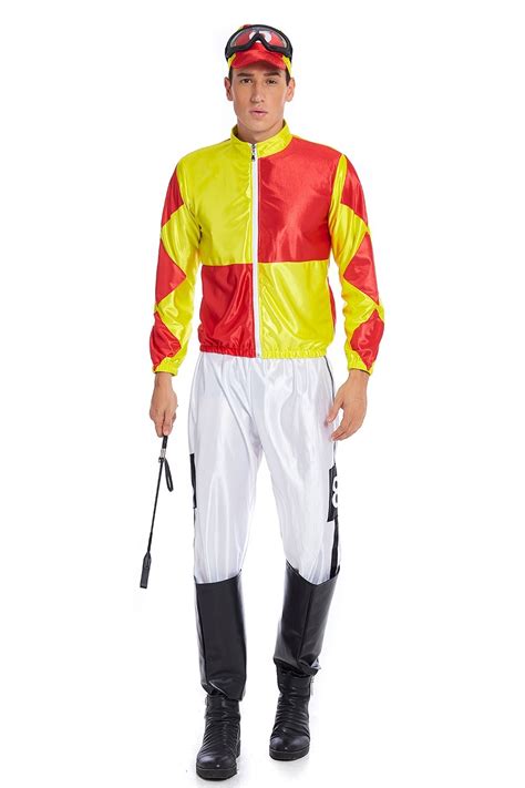 Yellow Red Jockey Horse Racing Rider Mens Uniform Fancy Dress Costume