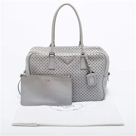 Prada Grey Perforated Leather Boston Bag For Sale at 1stDibs