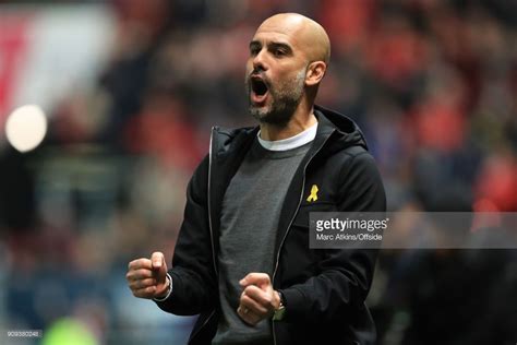 Josep Guardiola manager of Manchester City celebrates his teams late goal during the Carabao Cup ...