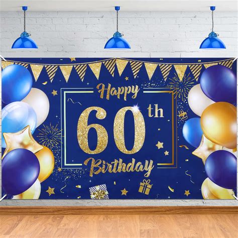 Buy Blue 60th Birthday Decoration Banner for Men Women, Navy Blue Gold ...