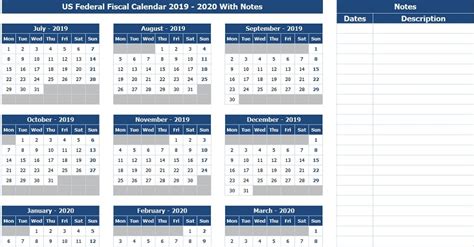 Download US Federal Fiscal Calendar 2019-20 With Notes Excel Template - ExcelDataPro