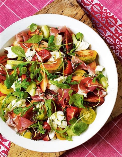 Heritage tomato salad with air dried ham, melon and mozzarella recipe ...