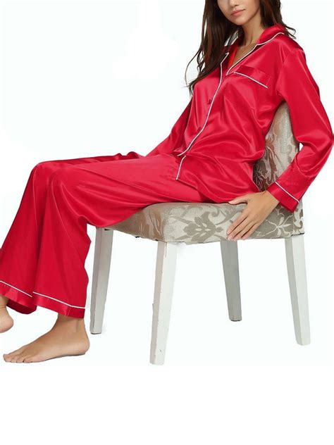 Women Silk Satin Pajamas Set Long Sleeve Long Button-Down Loungewear ...