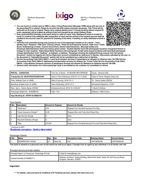 IRCTC online e tickets sample | Study Guides, Projects, Research Mathematical Methods | Docsity