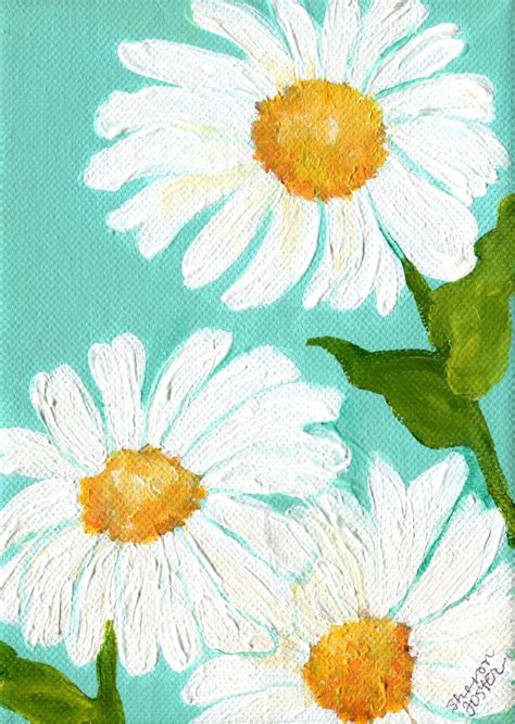 RESERVED White Shasta daisies canvas art, Small Floral Art, 5 x 7 daisies on aqua original ...