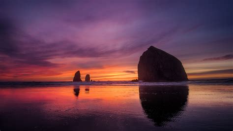 Oregon Coast Wallpaper 4K, Sunset, Beach, Purple sky