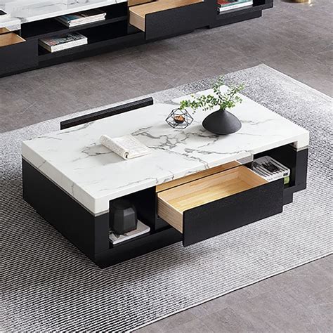 Modern Marble Coffee Table with Storage & Drawers in Wood
