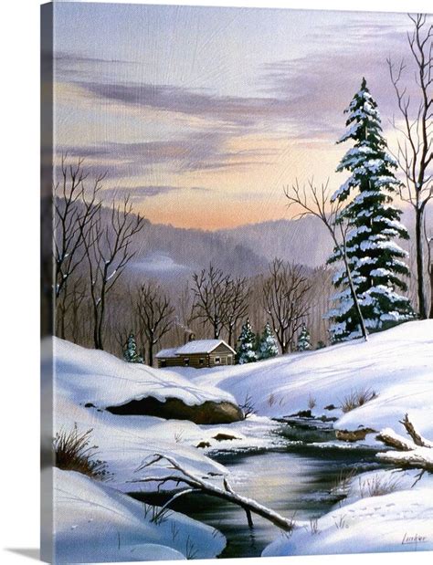 Log Cabin On Winter Stream In Early Evening | Winter landscape painting ...