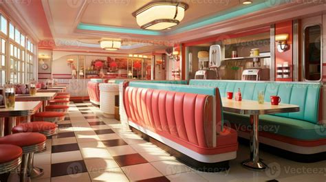 Retro vintage diner restaurant, interior design, stylish old fashioned ...