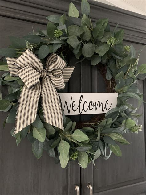 Farmhouse Welcome Wreath Eucalyptus Welcome Wreath Front - Etsy | Door ...