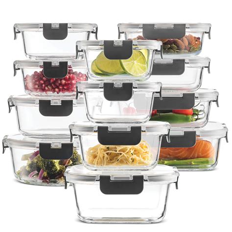 24-Piece Superior Glass Food Storage Containers Set - Airtight BPA-Free Locking Lids - 100% ...