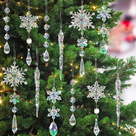 18Pcs Crystal Christmas Tree Ornaments - Iridescent Acrylic Snowflake Icicle | eBay