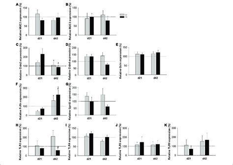 | Intestinal gene expression of mucin (MUC) 2 (A) and MUC 3 (B ...