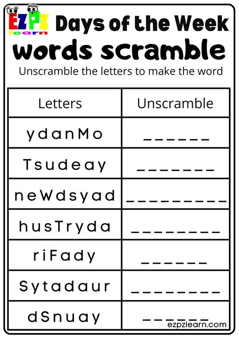 Word Scramble Days of the Week Kids Activity - Ezpzlearn.com