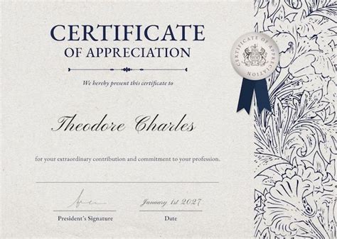 certificate of appreciation to theodore charles