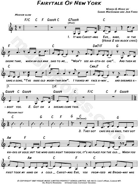 The Pogues "Fairytale of New York" Sheet Music (Leadsheet) in C Major (transposable) - Download ...