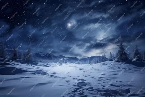 Premium AI Image | a snowy landscape with a starry night sky and snow covered trees.