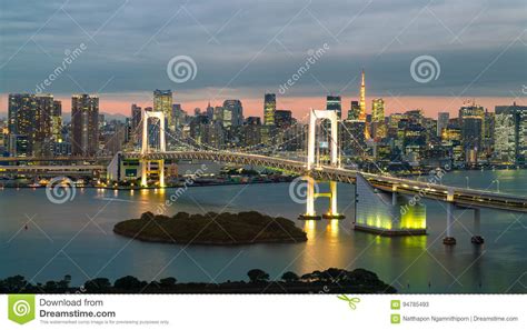 Tokyo Skyline with Tokyo Tower and Rainbow Bridge. Stock Image - Image of scene, architecture ...