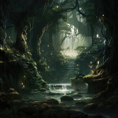 Premium AI Image | A mystical forest with enchanting stairs leading to a majestic waterfall