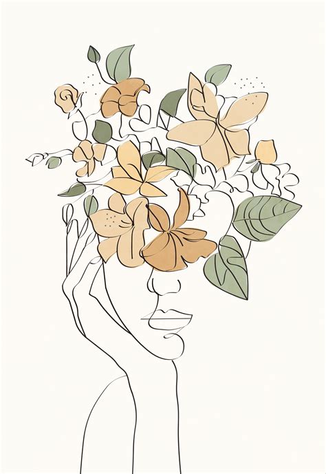 This picture depicts a woman drawn in one line with flowers. The drawing is made by me. The ...