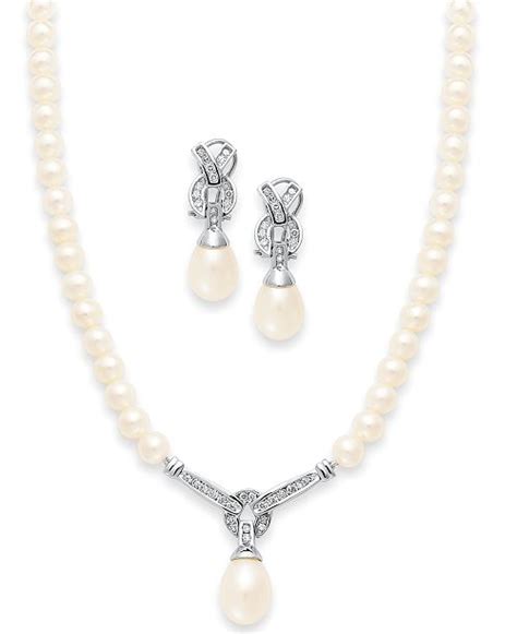 Macy's 14k White Gold Jewelry Set, Cultured Freshwater Pearl and Diamond Necklace and Earrings ...