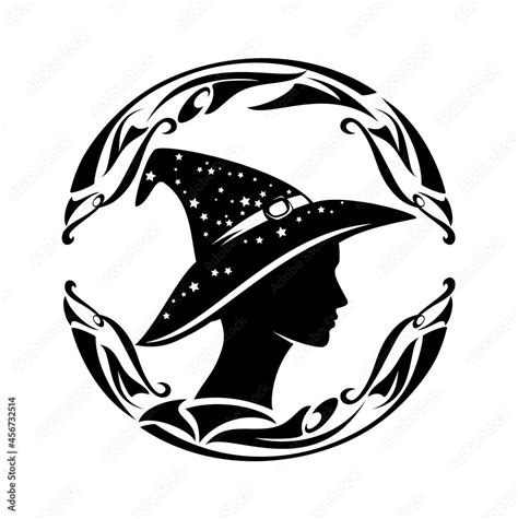 Vetor do Stock: beautiful fortune teller wearing witch hat with stars - profile sorceress head ...