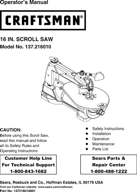 Craftsman 137216010 User Manual SCROLL SAW Manuals And Guides L0602135