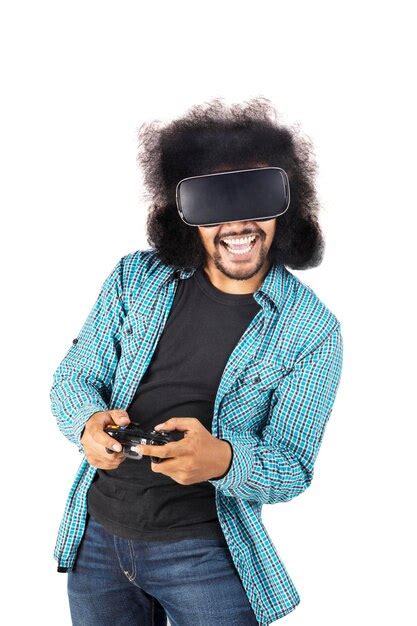 Premium Photo | Happy man playing video games with vr glasses