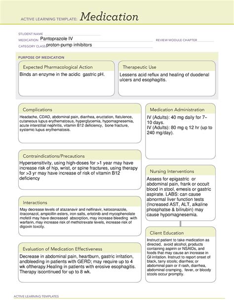 Pantoprazole - n/a - ACTIVE LEARNING TEMPLATES Medication STUDENT NAME - Studocu