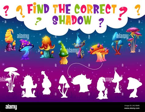 Find the correct shadow of magic mushroom. Kids game vector worksheet, educational quiz or ...