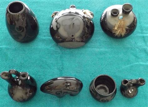 Six Black Pottery Vases & A Bear, 3 Items Signed, Lorenza 1985 ...