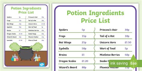 Magic Potion Ingredients Price List (teacher made)