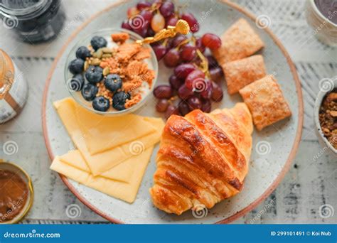 Breakfast: Croissants, Yogurt, Fruit and Coffee Stock Image - Image of meal, peanut: 299101491