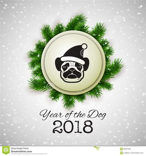 New Year of the Dog Greeting Card with Cute Pug, Vector Illustration Stock Vector - Illustration ...