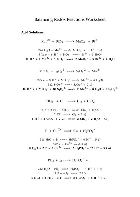 Balancing Redox Reactions Worksheet With Answers