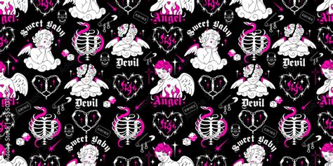 Y2k pink gothic wallpaper. Devil and angel, wire heart, black and pink ...